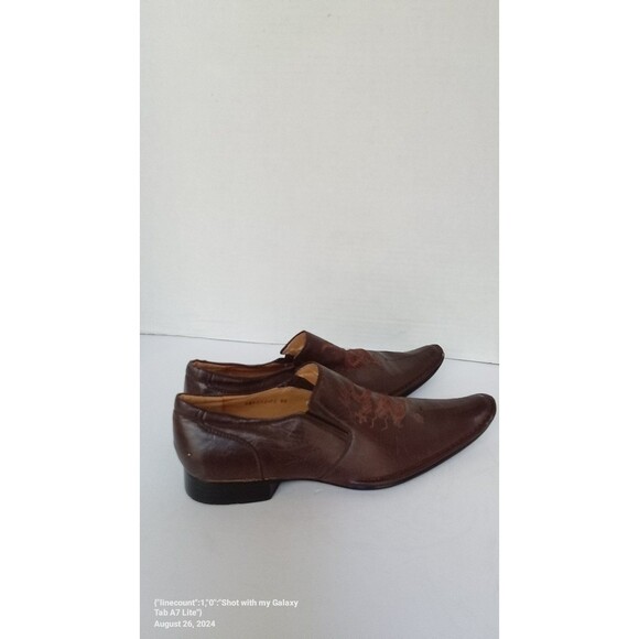 Elegant Brown Leather Slip-On Dress Shoes with Embroidered Detail Square‎ Toe